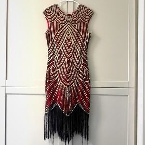 Fundaisy Red Gold Sequin Flapper Dress Art Deco Fringe Great Gatsby Costume M